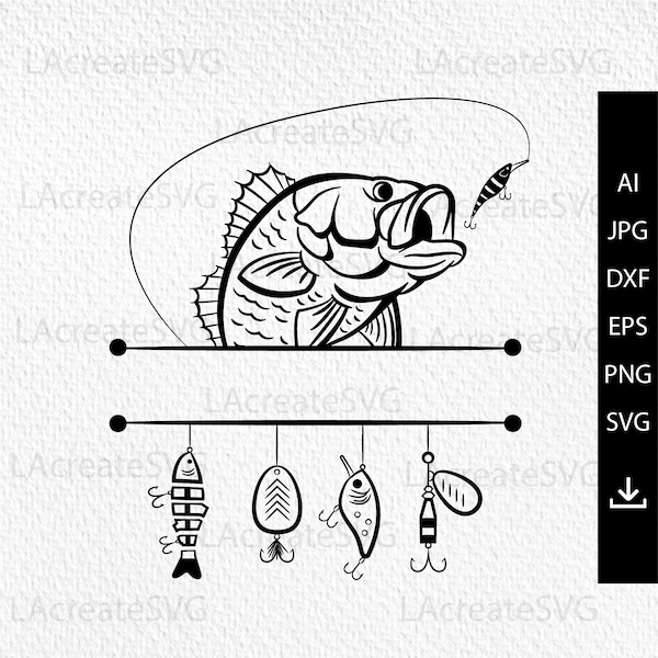 Bass split Fishing logo monogram Svg PNG DXF Fishing logo design, Fish on hook Clipart, Fish for bait svg Spinner Hook svg Fishing hobby svg