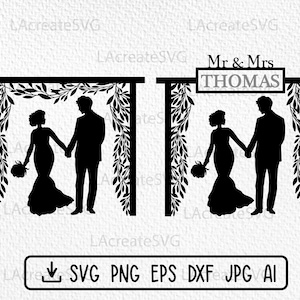 May include: Black and white silhouette of a wedding arch with floral embellishments. The arch is decorated with the text "Mr & Mrs THOMAS". Two figures stand under the arch, a bride and groom, holding hands.