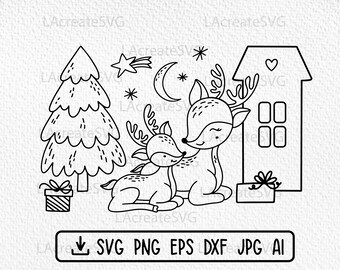 Cute Christmas deer Svg Png Dxf, Winter holidays home decor Cut file, Xmas tree plotter file, Kids Christmas clipart, Baby New year Svg