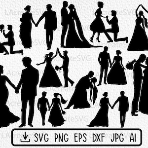 Pareja de bodas Paquete 12 diseños Svg PngDxf archivo de corte, Amantes SVG, Compromiso SVG, Imágenes prediseñadas de amor, Novio y novia SVG Silueta, Fiesta nupcial