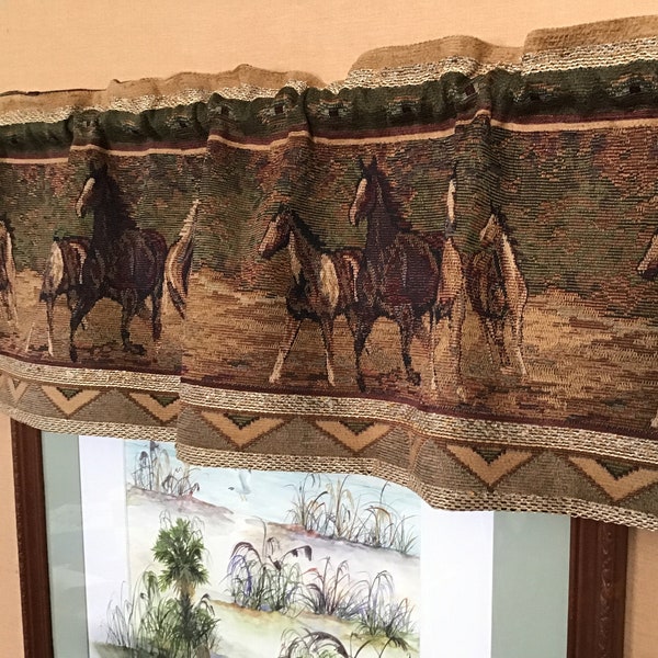 Tapestry horse valance, Rustic Cabin decor, Western wild horse valance, Log cabin furniture, lodge, Ranch, farmhouse, country home decor