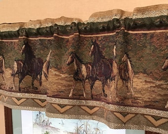 Tapestry horse valance, Rustic Cabin decor, Western wild horse valance, Log cabin furniture, lodge, Ranch, farmhouse, country home decor