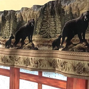 USA sewn 36-120 inch valance, table coasters, Bear and Cub Tapestry, Rustic Cabin Decor