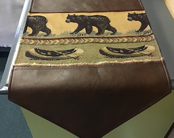 Bear and canoe Faux leather table runner, placemats, Rustic Cabin decor, log cabin furniture, Dresser scarf, ranch, country decor, farmhouse