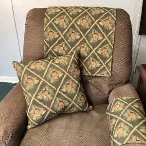 recliner Headrest Protector, table coaster, pillows, pinecones on green lattice