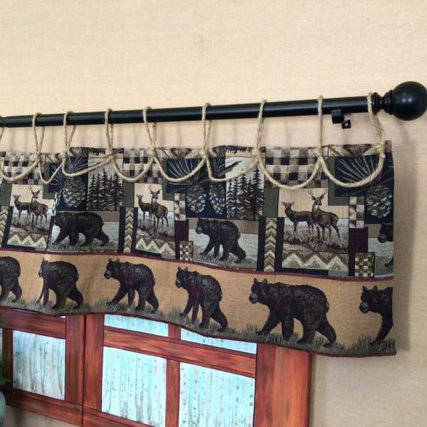 Tapestry Jute  rope tab top valance. Rustic cabin decor, Bear curtain, lodge, Western Ranch, farmhouse, log cabin furniture, country home