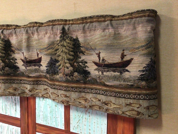 Fishing Boat Tapestry Valance. Rustic Cabin Decor, Curtain, Log