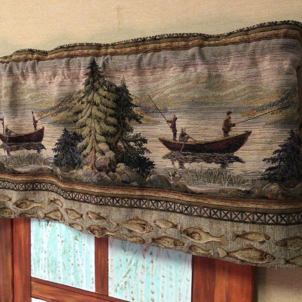 Fishing boat Tapestry valance. Rustic Cabin decor, curtain, Log cabin furniture, lodge, Western Ranch, farmhouse, country home decor