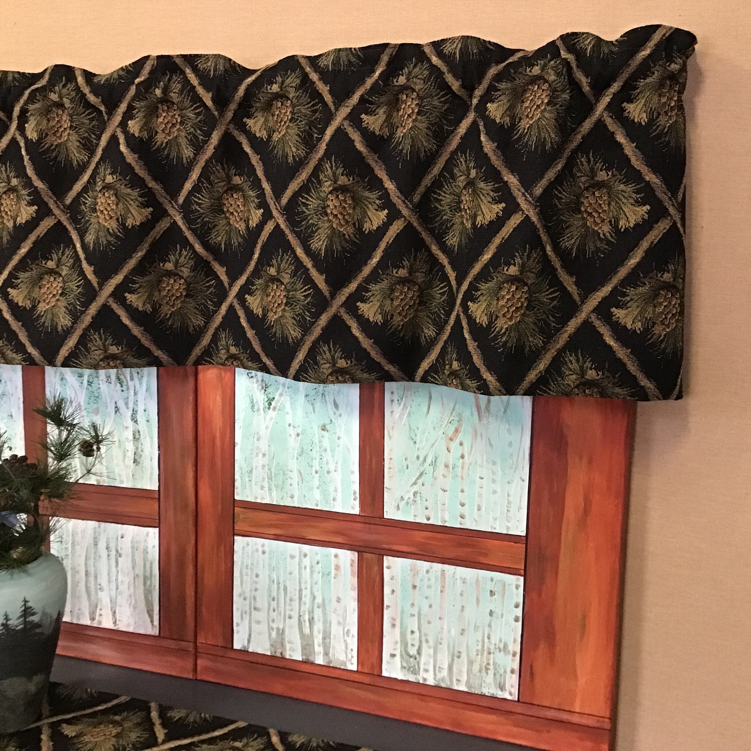Tapestry valance. Rustic Cabin decor curtain. Black Pinecone Etsy