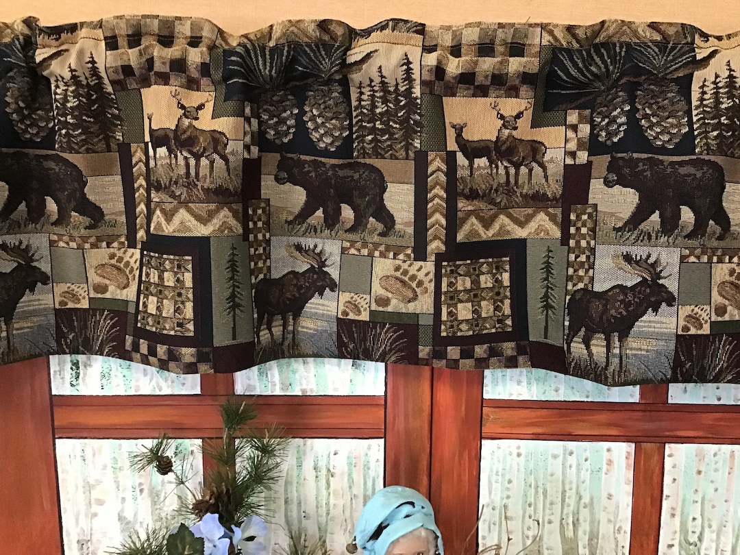 Tapestry Valance. Rustic Cabin Decor Curtain. Bear Moose Deer Patchwork