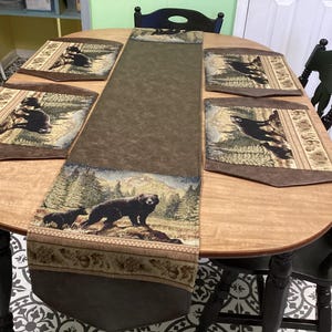 USA sewn 36-120 inch table runners, placemats, Bear/faux leather :Rustic Cabin Decor