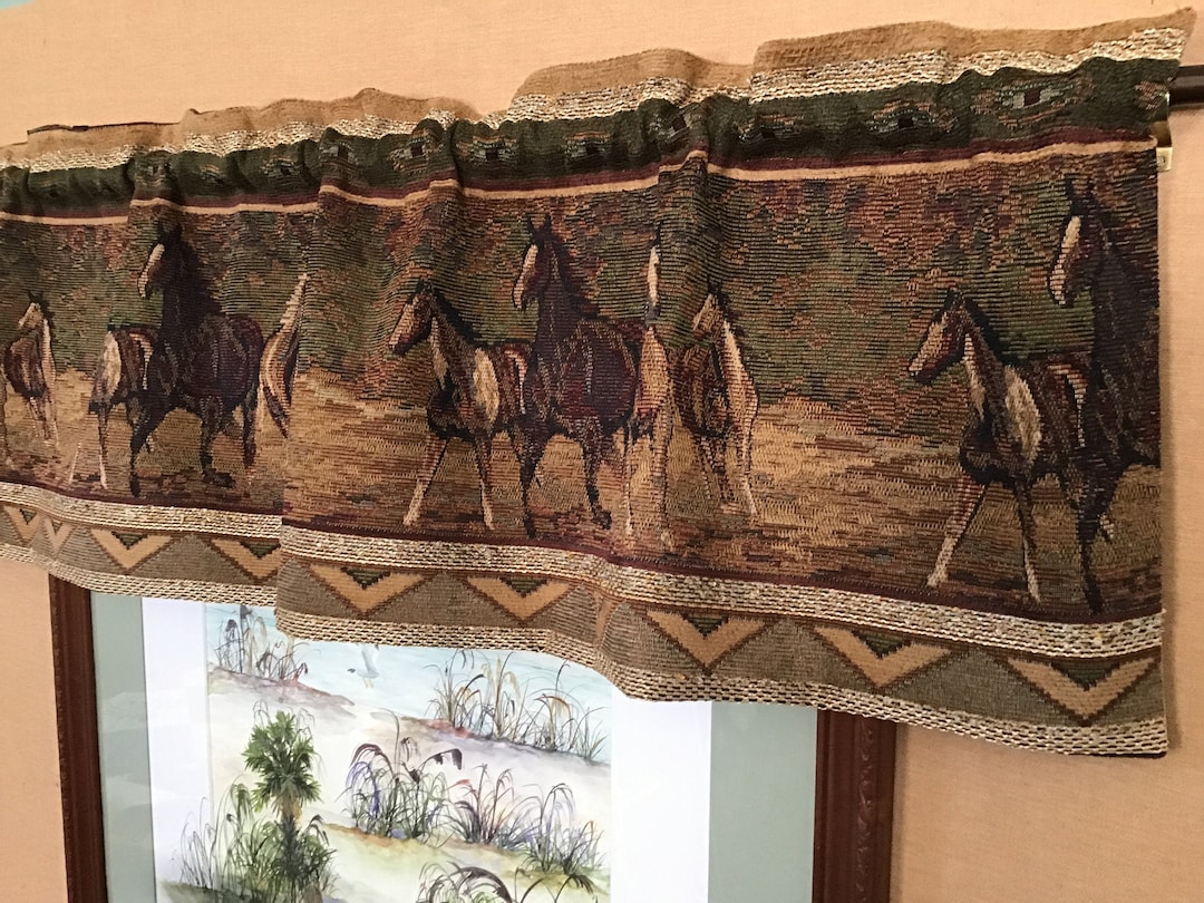 Tapestry Horse Valance, Rustic Cabin Decor, Western Wild Horse Valance