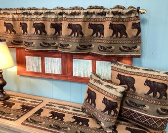 Bear and Canoe valance, placemat coaster, dresser scarf, table runners, pillows