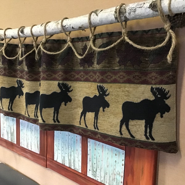 Cabin decor, Tapestry jute rope tab top, valance, Woodstock moose for your lodge, Log home, Ranch, farmhouse or country home. Fully lined