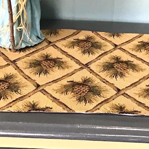 USA sewn Pinecone on beige Tapestry Placemats: Rustic Cabin Decor, lodge furniture protection coasters