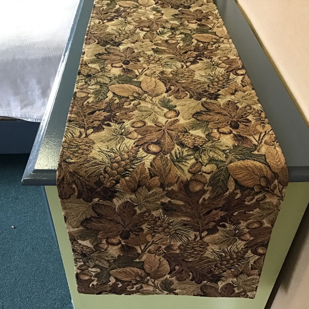Tapestry Table Runner. Rustic Cabin Decor, Leaf and Acorns Dresser