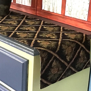 USA sewn 36-120 inch Pinecones on black Table Runner, placemats: Rustic Cabin furniture decor