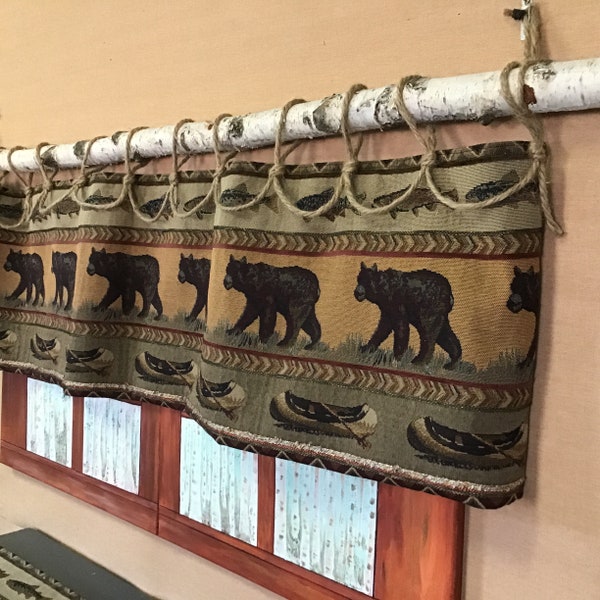 Bear and canoe Jute rope tab top valance, rustic cabin decor, lodge, Ranch, rustic, farmhouse, country home, log cabin furniture, curtain