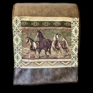 USA sewn Chair Headrest Cover, wild horses and faux leather, Rustic Cabin Ranch Decor