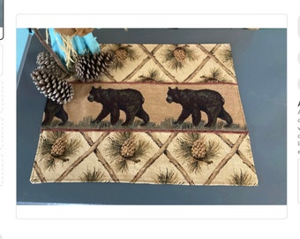 4 or 6 per set, Tapestry bear and pinecone placemats, Rustic cabin decor, log cabin furniture, Ranch, country decor, farmhouse, RV camper