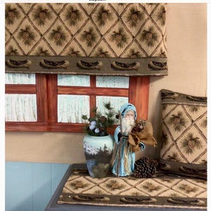 USA sewn 36-108 inch cabin valance, table runner, Pillows, bed shams, canoe beige pinecone