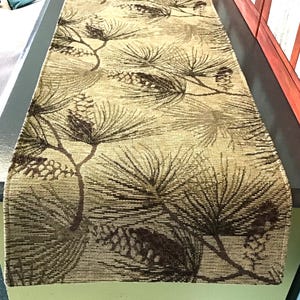 USA sewn 36-120 inch tapestry Table runner, placemats, Pinecone Branch, Rustic Cabin Decor