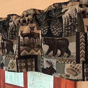 Short 11” long valance, Rustic Cabin decor, Bay window curtain, patio door, small window curtain, Bear Moose Deer patchwork, ranch