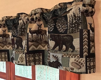 Short 11” long Tapestry valance. Rustic Cabin decor, Bay window curtain, patio door, small window curtain. Bear Moose Deer patchwork, ranch