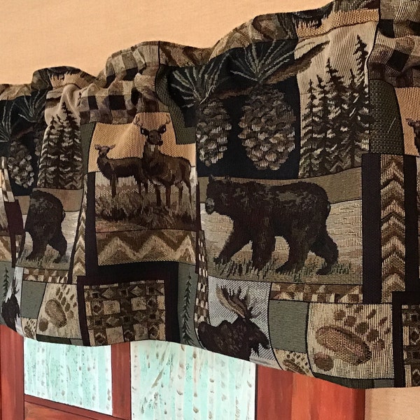 Short 11” long Tapestry valance. Rustic Cabin decor, Bay window curtain, patio door, small window curtain. Bear Moose Deer patchwork, ranch