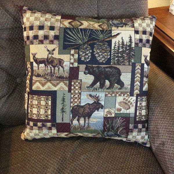 Tapestry Moose, bear, deer patchwork cabin throw pillow, bed sham, Rustic cabin decor, log cabin furniture, western, country primitive decor