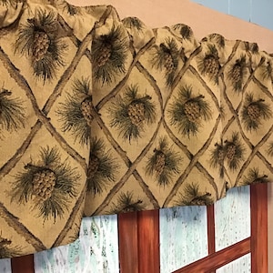 USA sewn 36-120 inch Valance, pinecones on beige, rustic lodge furniture decor, table coasters