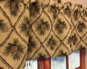 Tapestry valance. Rustic Cabin decor curtain, Beige Pinecone, Country Home decor, Log Cabin furniture, lodge, Ranch, farmhouse. Fully lined