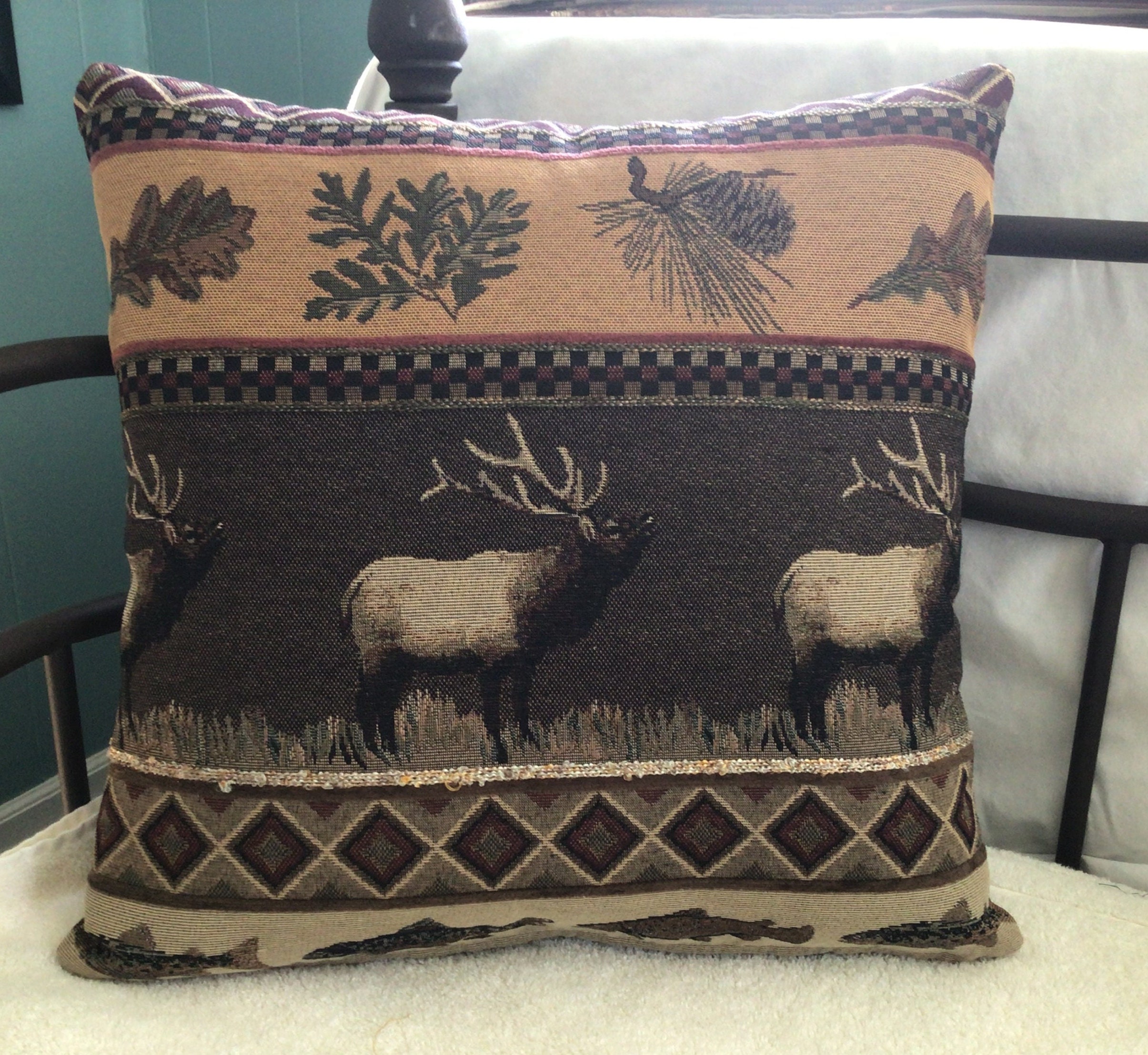 Elk With Fish Pillow Western Lodge Decor Rustic Cabin Decor Ranch Farmhouse Primitive Country Log Cabin Furniture Elk Mountain Pillow Etsy