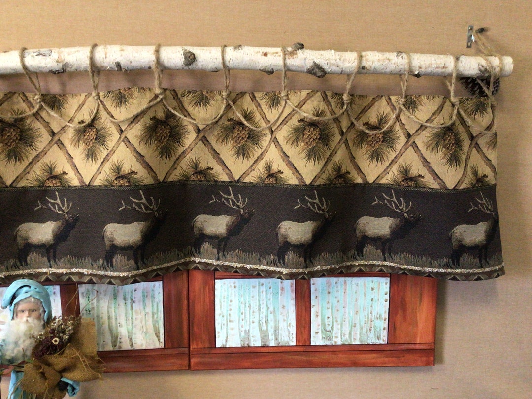 Rustic Tab Jute Rope Tab Top Valance, Elk & Beige Pinecone, Rustic Cabin Decor ...