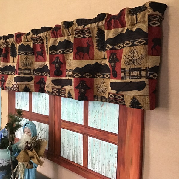 Mountain, deer, canoe, patchwork Tapestry cabin valance. Rustic Cabin decor,  lodge, Ranch, farmhouse, country home, log cabin furniture