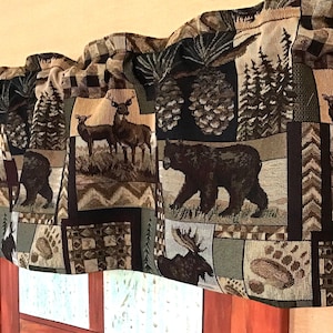 Short 11 inches long Rustic Cabin Valance: Bear, Moose, Deer Patchwork Tapestry, USA Made
