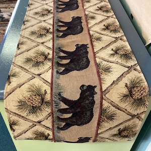 table runner, placemats, Rustic Cabin decor. Beige Pinecone, Bear, end table, dresser scarf, ranch, country, log cabin furniture