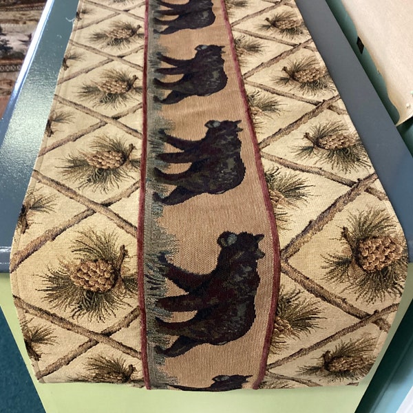 Tapestry table runner. Rustic Cabin decor. Beige Pinecone and Bear end table dresser scarf, ranch, farmhouse, country, log cabin furniture