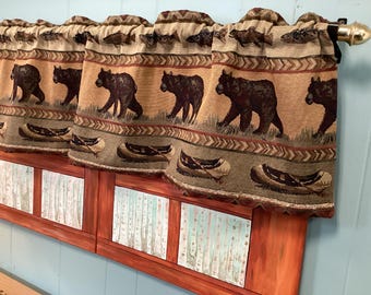 USA sewn Valances, Bear and canoe, table coaster, rustic cabin lake decor