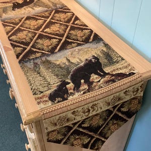 USA sewn 36-120 inch Tapestry Bear Table Runner, pinecones on black, placemats, Rustic Cabin Decor
