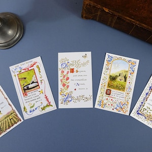 Lot de 5 images de communion illustrées à l'aquarelle avec or à chaud, style enluminure médiévale, Lot 1
