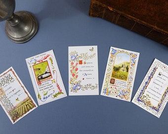 Lot de 5 images de communion illustrées à l'aquarelle avec or à chaud, style enluminure médiévale, Lot 1