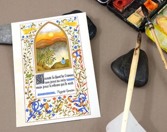Cartolina illustrata ad acquerello con testo calligrafico e busta, paesaggio montano