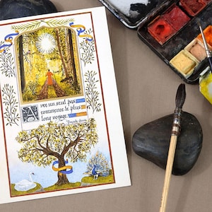 Carte postale illustrée à l'aquarelle avec son texte calligraphié et son enveloppe, proverbe chinois, paysage de sous-bois