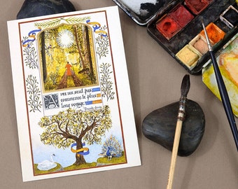 Cartolina illustrata ad acquerello con testo calligrafico e busta, proverbio cinese, paesaggio di sottobosco