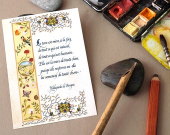 Carte postale illustrée à l'aquarelle avec son texte calligraphié et son enveloppe, Hildegarde de Bingen