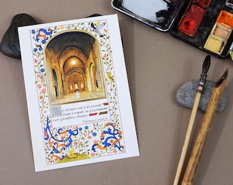 Postcard illustrated in watercolor with its calligraphic text and its envelope, church interior