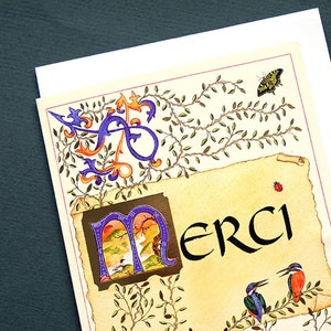 Carte postale double de remerciement enluminée avec son enveloppe, avec lettrine et oiseaux image 2