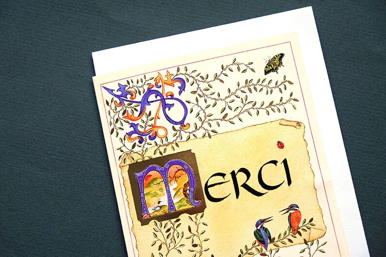 Carte postale double de remerciement enluminée avec son enveloppe, avec lettrine et oiseaux image 2