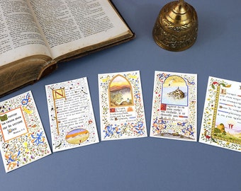 Lot de 5 images de communion illustrées à l'aquarelle avec or à chaud, style enluminure médiévale, Lot 3